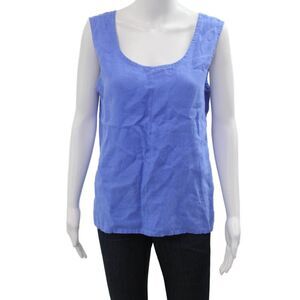 Linen Sea Women Blue Sleeveless Linen Tank Round Neck Basic Beach Top Size M